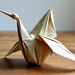 **Intricate origami crane, folded from recycled paper, soft natural light, sustainable hobby.** (This highlights origami and the eco-friendly aspect.)
