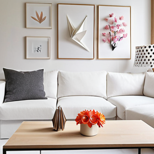 **Prompt 1:** A serene and inviting modern Nordic living room, bathed in soft, natural light. The space features elegant, handmade paper creations as focal points: a vibrant bouquet of paper flowers on a minimalist coffee table, delicate origami cranes subtly suspended, and a geometric paper wall art piece that adds texture to a clean, white wall. The overall atmosphere conveys a sense of unique, personal style, sustainability, and the quiet beauty of DIY home decor.