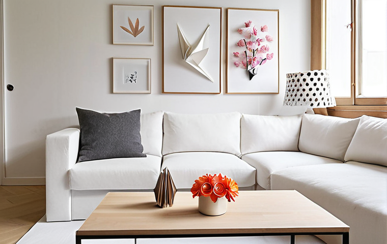 **Prompt 1:** A serene and inviting modern Nordic living room, bathed in soft, natural light. The space features elegant, handmade paper creations as focal points: a vibrant bouquet of paper flowers on a minimalist coffee table, delicate origami cranes subtly suspended, and a geometric paper wall art piece that adds texture to a clean, white wall. The overall atmosphere conveys a sense of unique, personal style, sustainability, and the quiet beauty of DIY home decor.